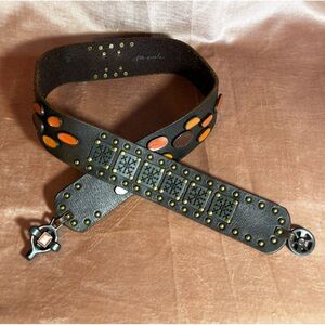 Free People brown leather boho statement belt orange brass medallion small